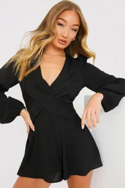 New In the Style Twist Front Balloon Sleeve Playsuit Black
