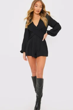 New In the Style Twist Front Balloon Sleeve Playsuit Black