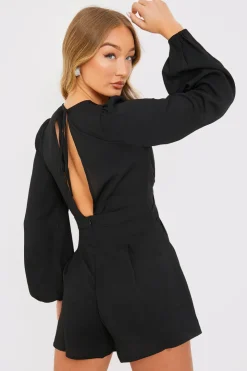New In the Style Twist Front Balloon Sleeve Playsuit Black