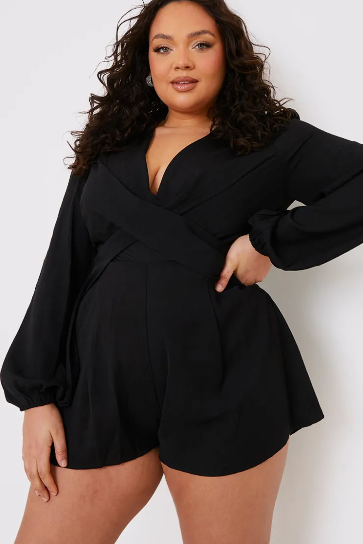 New In the Style Twist Front Balloon Sleeve Playsuit Black