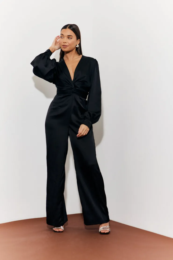 Sale In the Style Twist Front Detail Wide Leg Satin Jumpsuit Black
