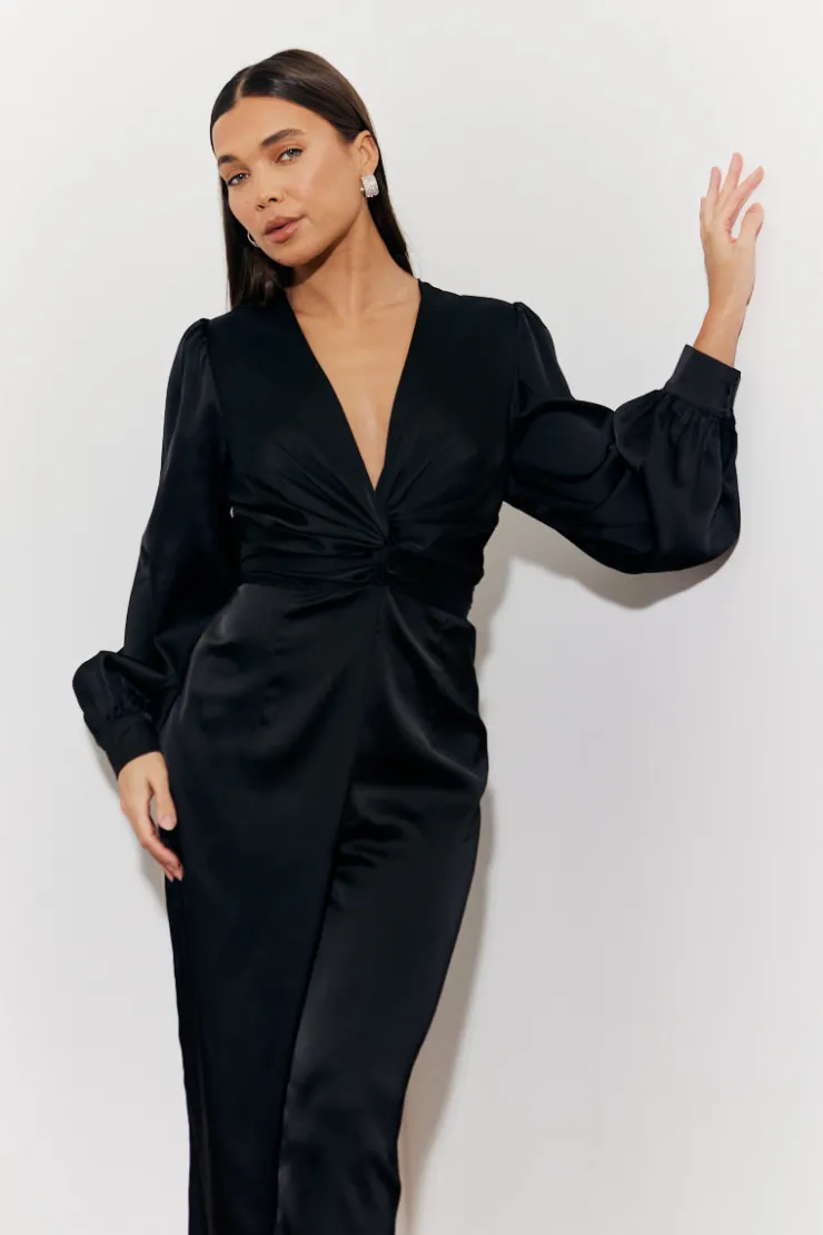 Sale In the Style Twist Front Detail Wide Leg Satin Jumpsuit Black
