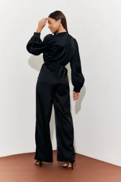 Sale In the Style Twist Front Detail Wide Leg Satin Jumpsuit Black