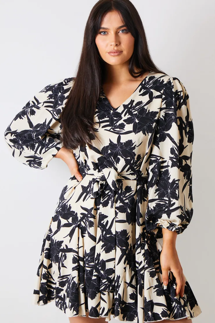 Clearance In the Style V Neck Balloon Sleeve Godet Mini Dress Stone
