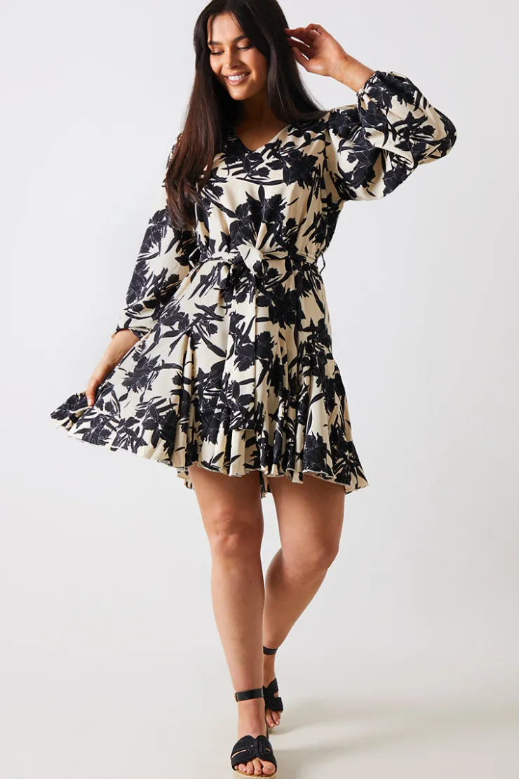 Clearance In the Style V Neck Balloon Sleeve Godet Mini Dress Stone