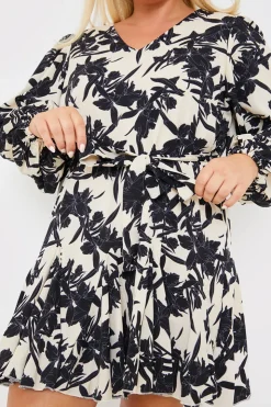 Clearance In the Style V Neck Balloon Sleeve Godet Mini Dress Stone