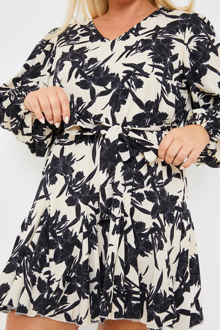 Clearance In the Style V Neck Balloon Sleeve Godet Mini Dress Stone