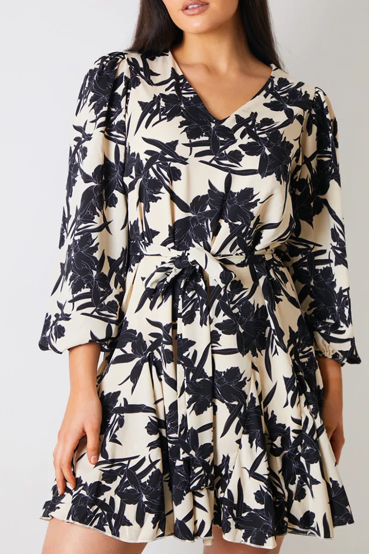 Clearance In the Style V Neck Balloon Sleeve Godet Mini Dress Stone