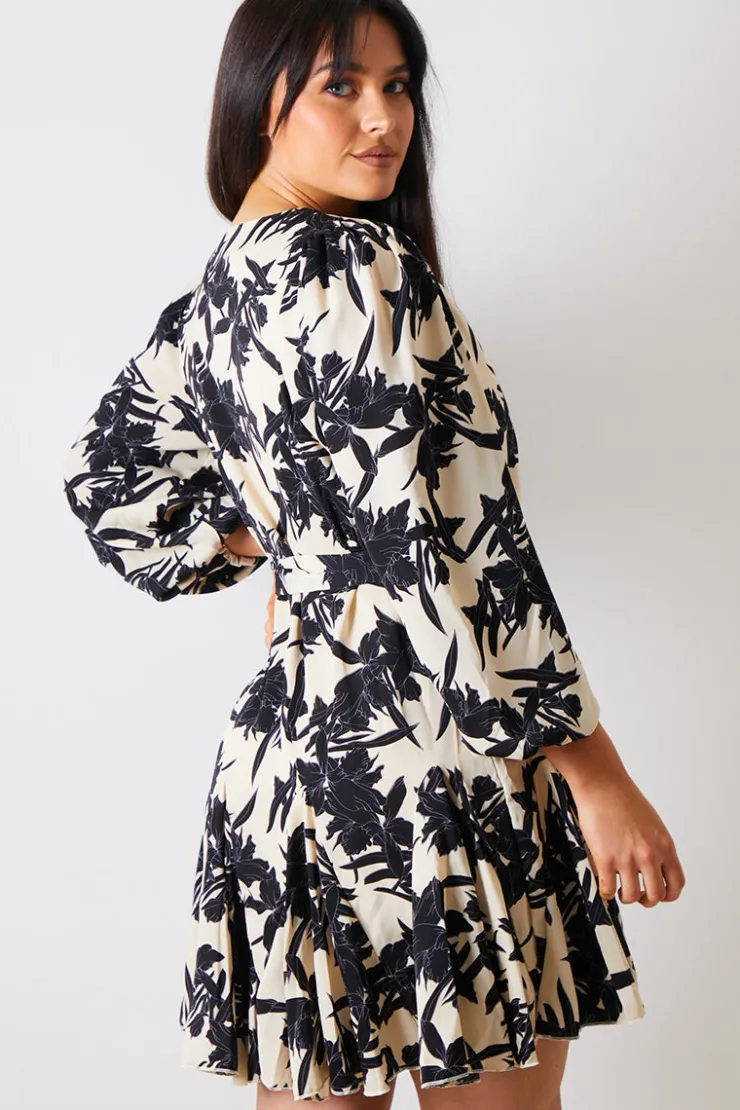 Clearance In the Style V Neck Balloon Sleeve Godet Mini Dress Stone