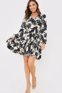 Clearance In the Style V Neck Balloon Sleeve Godet Mini Dress Stone