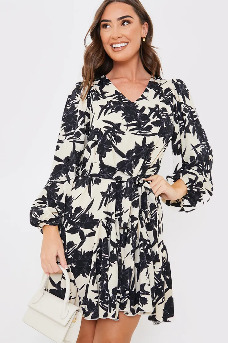 Clearance In the Style V Neck Balloon Sleeve Godet Mini Dress Stone