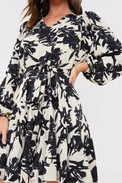 Clearance In the Style V Neck Balloon Sleeve Godet Mini Dress Stone