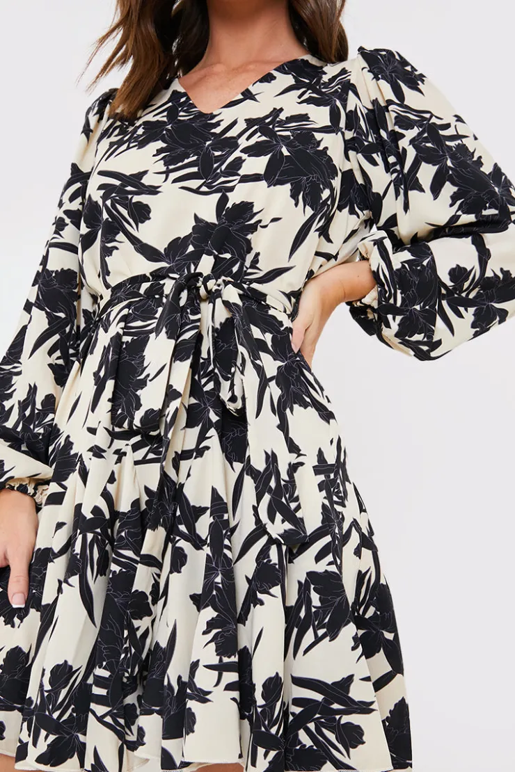 Clearance In the Style V Neck Balloon Sleeve Godet Mini Dress Stone