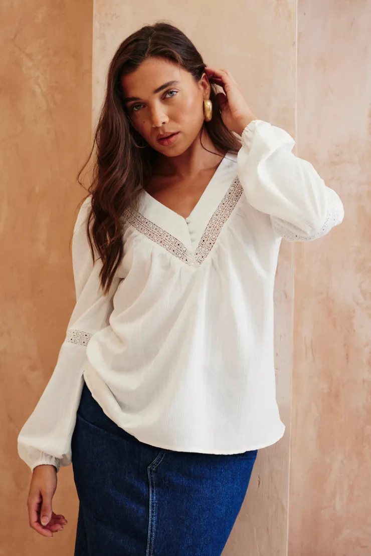 Online In The Style V Neck Crochet Insert Blouse White