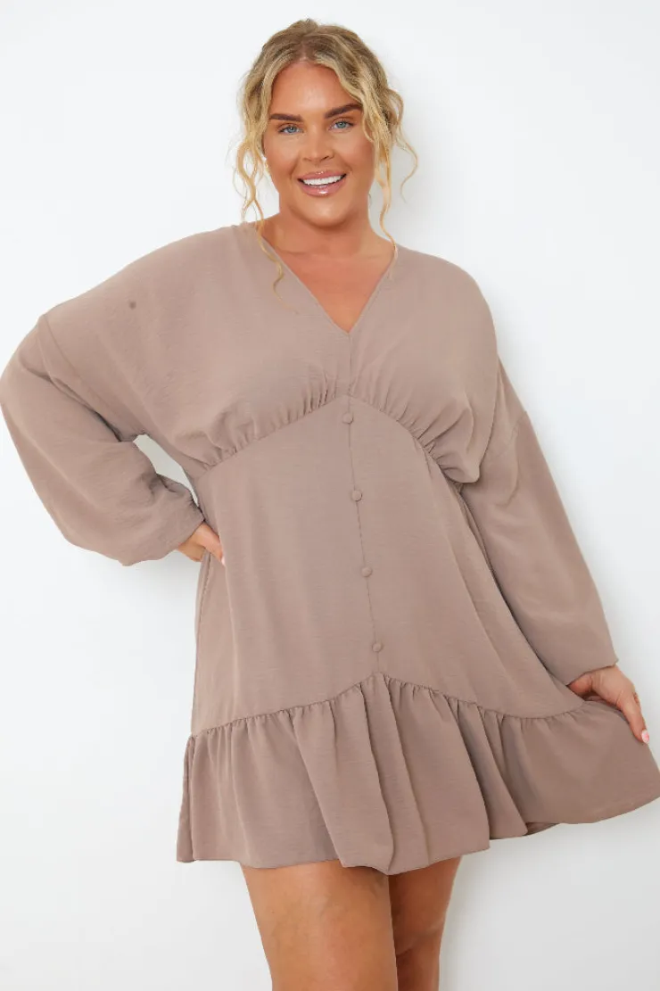 Best In the Style V Neck Frill Hem Smock Dress Mocha