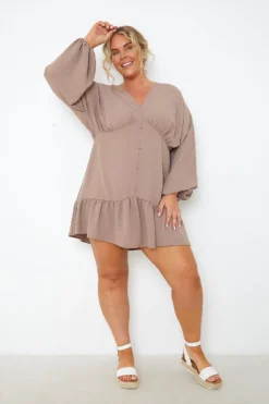 Best In the Style V Neck Frill Hem Smock Dress Mocha