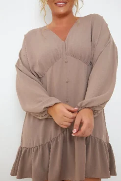 Best In the Style V Neck Frill Hem Smock Dress Mocha