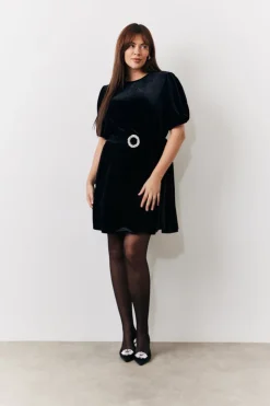 Clearance In The Style Velvet Embellished Belt Mini Dress Black