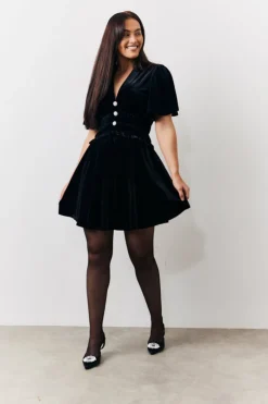 In The Style Velvet Mini Dress with Embellished Buttons Black