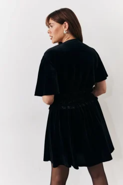 In The Style Velvet Mini Dress with Embellished Buttons Black