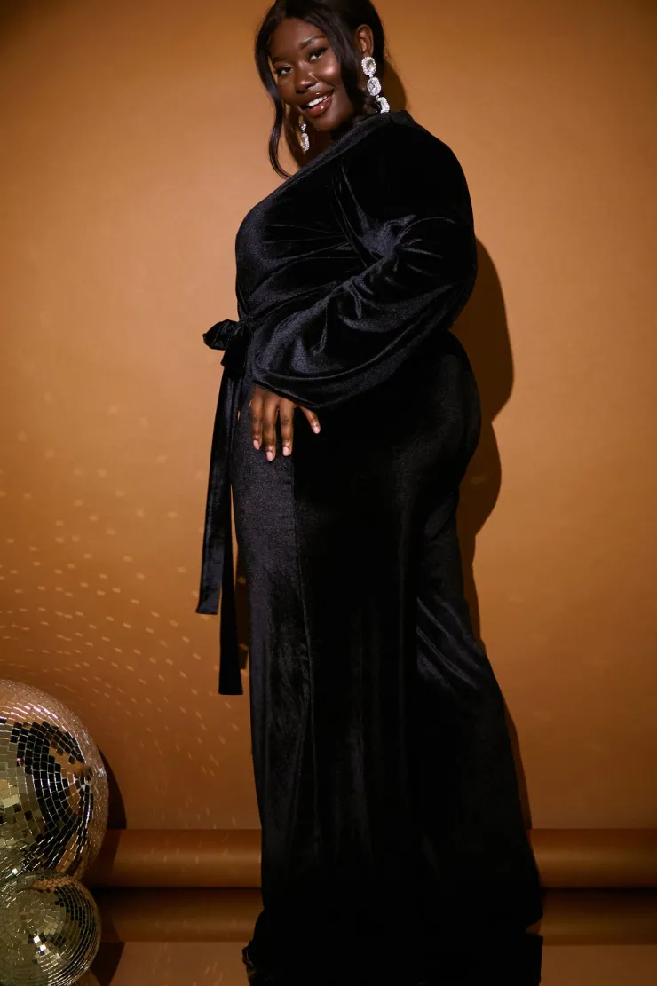 Discount In the Style Velvet Puff Sleeve Wrap Front Jumpsuit Black