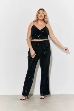 Hot In The Style Velvet Sequin Fit and Flare Co-Ord Trouser Black