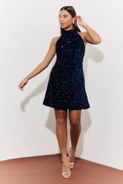 In the Style Velvet Sequin Tie Back Detail Mini Dress Navy