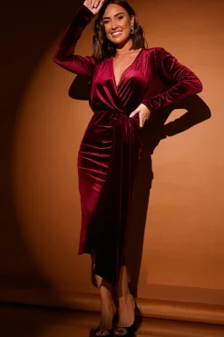 Sale In the Style Velvet Wrap Front Drape Midi Dress Red