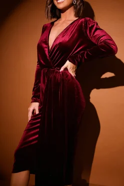 Sale In the Style Velvet Wrap Front Drape Midi Dress Red