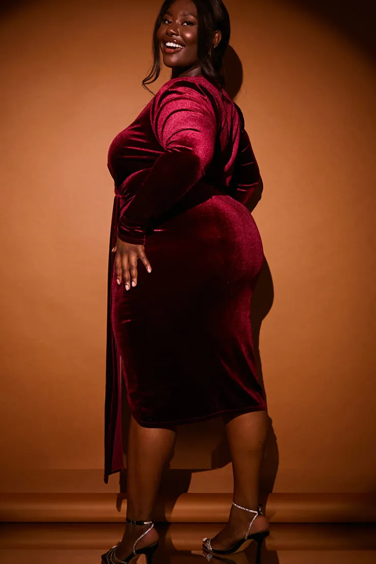 Sale In the Style Velvet Wrap Front Drape Midi Dress Red
