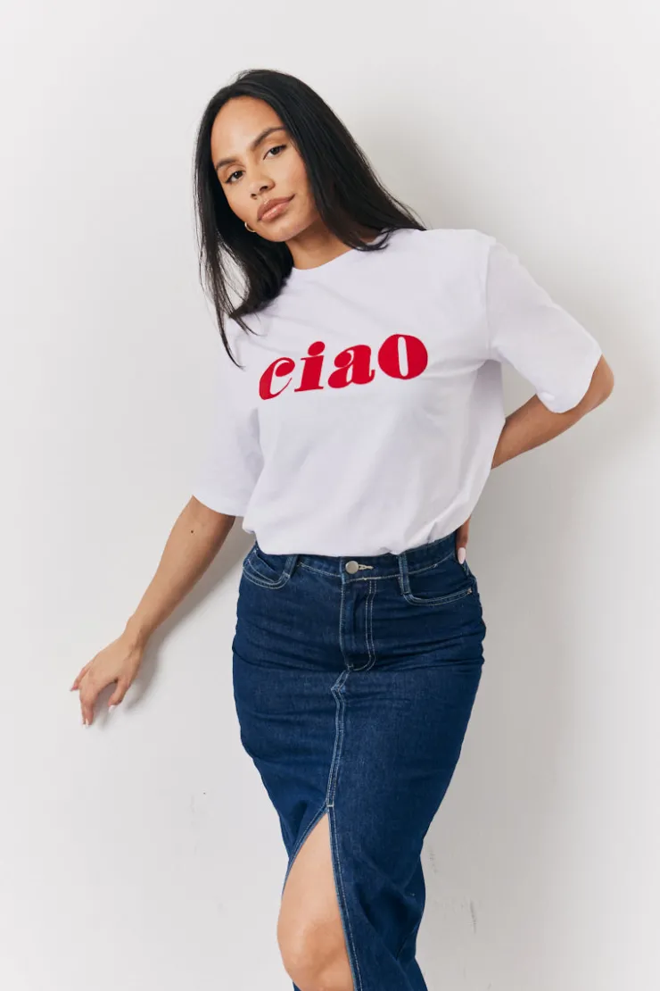 Outlet In The Style White Embroidered Ciao Slogan T-Shirt Cream