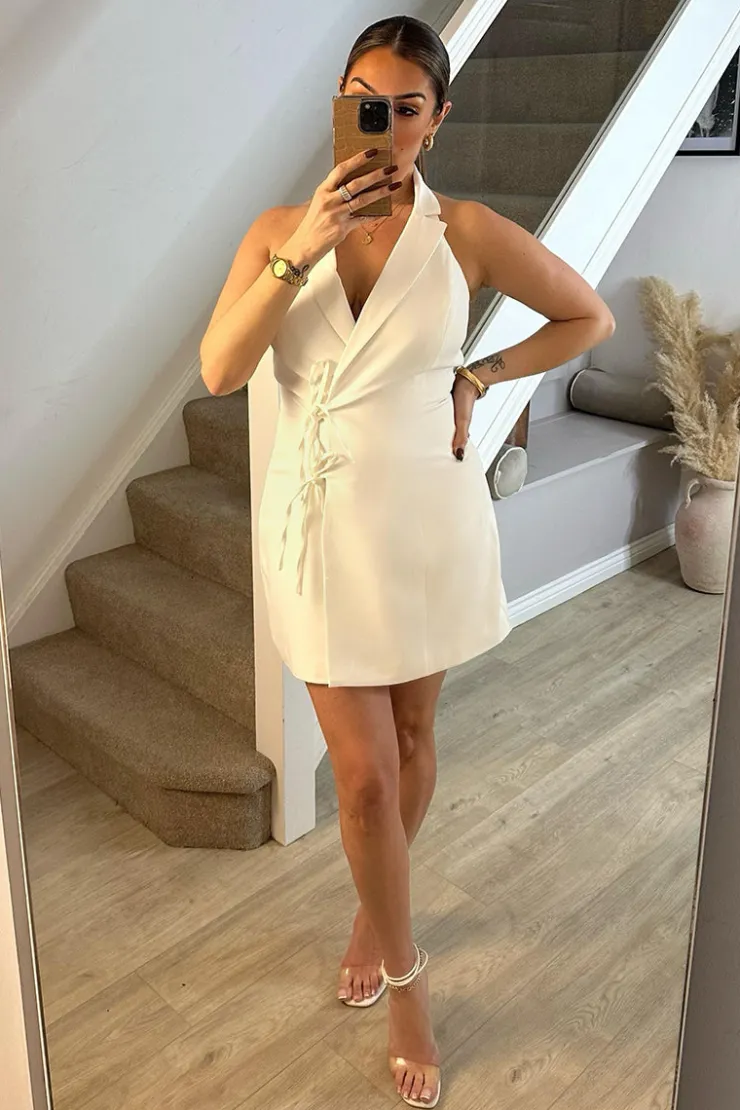 Clearance In The Style Tailored Halterneck Mini Dress with Bow Detail White