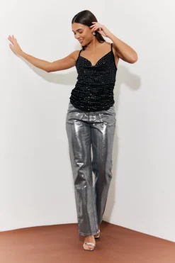 New In the Style Wide Leg Foil High Waisted Jeans Silver