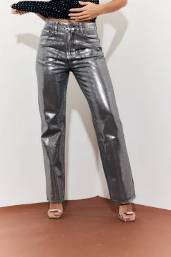 New In the Style Wide Leg Foil High Waisted Jeans Silver