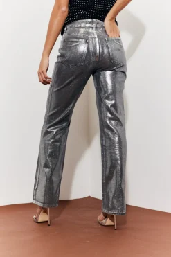 New In the Style Wide Leg Foil High Waisted Jeans Silver