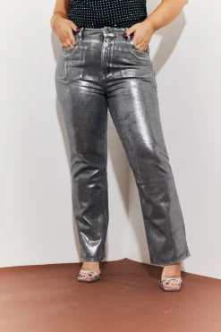 New In the Style Wide Leg Foil High Waisted Jeans Silver
