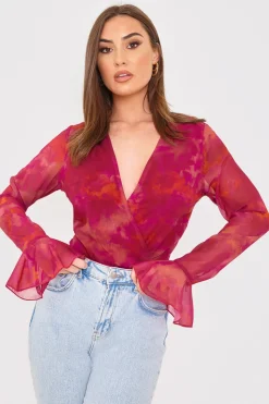 Discount In the Style Wrap Front Flared Cuff Bodysuit