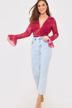 Discount In the Style Wrap Front Flared Cuff Bodysuit