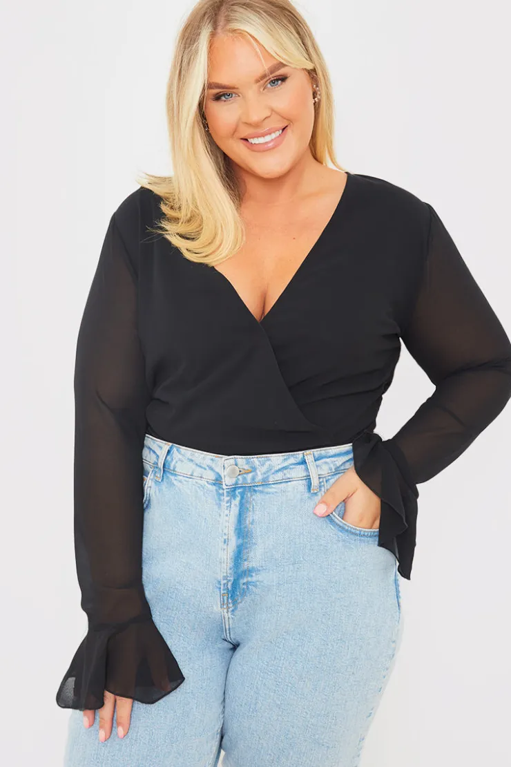Discount In the Style Wrap Front Flared Cuff Bodysuit