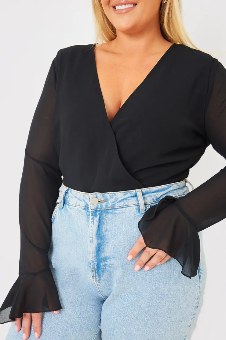 Discount In the Style Wrap Front Flared Cuff Bodysuit