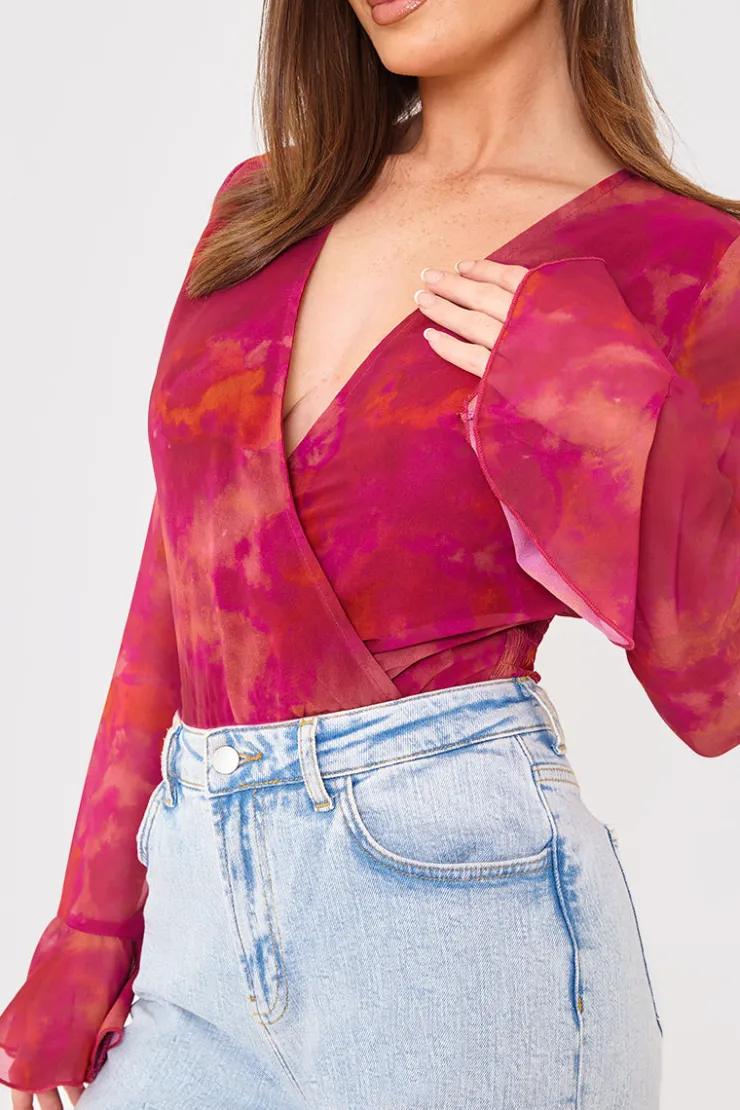 Discount In the Style Wrap Front Flared Cuff Bodysuit