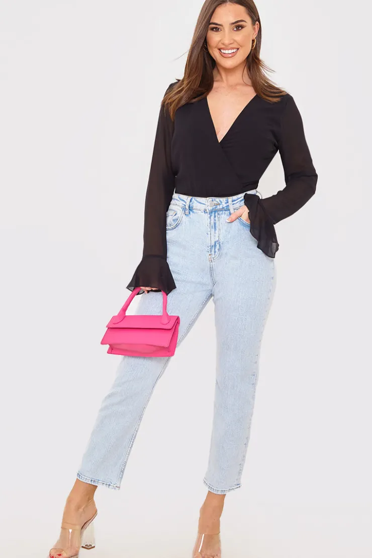 Discount In the Style Wrap Front Flared Cuff Bodysuit