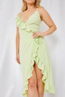 Online In the Style Wrap Front Frill Detail Midi Dress Green