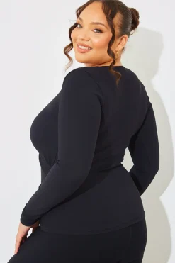 Outlet In The Style Wrap Front Rib Long Sleeve Top Black