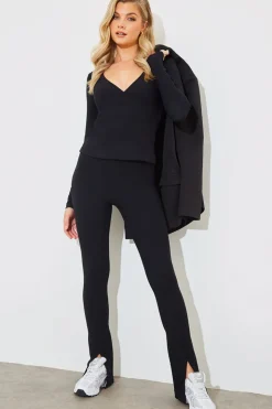 Outlet In The Style Wrap Front Rib Long Sleeve Top Black