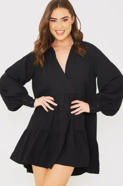 Best In the Style Wrap Front Smock Dress Black