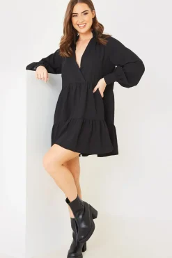 Best In the Style Wrap Front Smock Dress Black