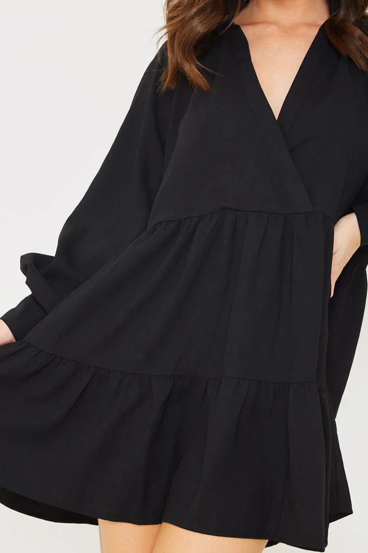 Best In the Style Wrap Front Smock Dress Black