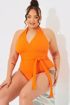 Discount In The Style Wrap Tie Front Swimsuit Orange