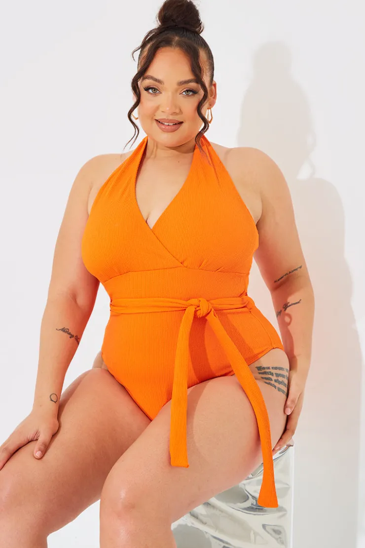 Discount In The Style Wrap Tie Front Swimsuit Orange